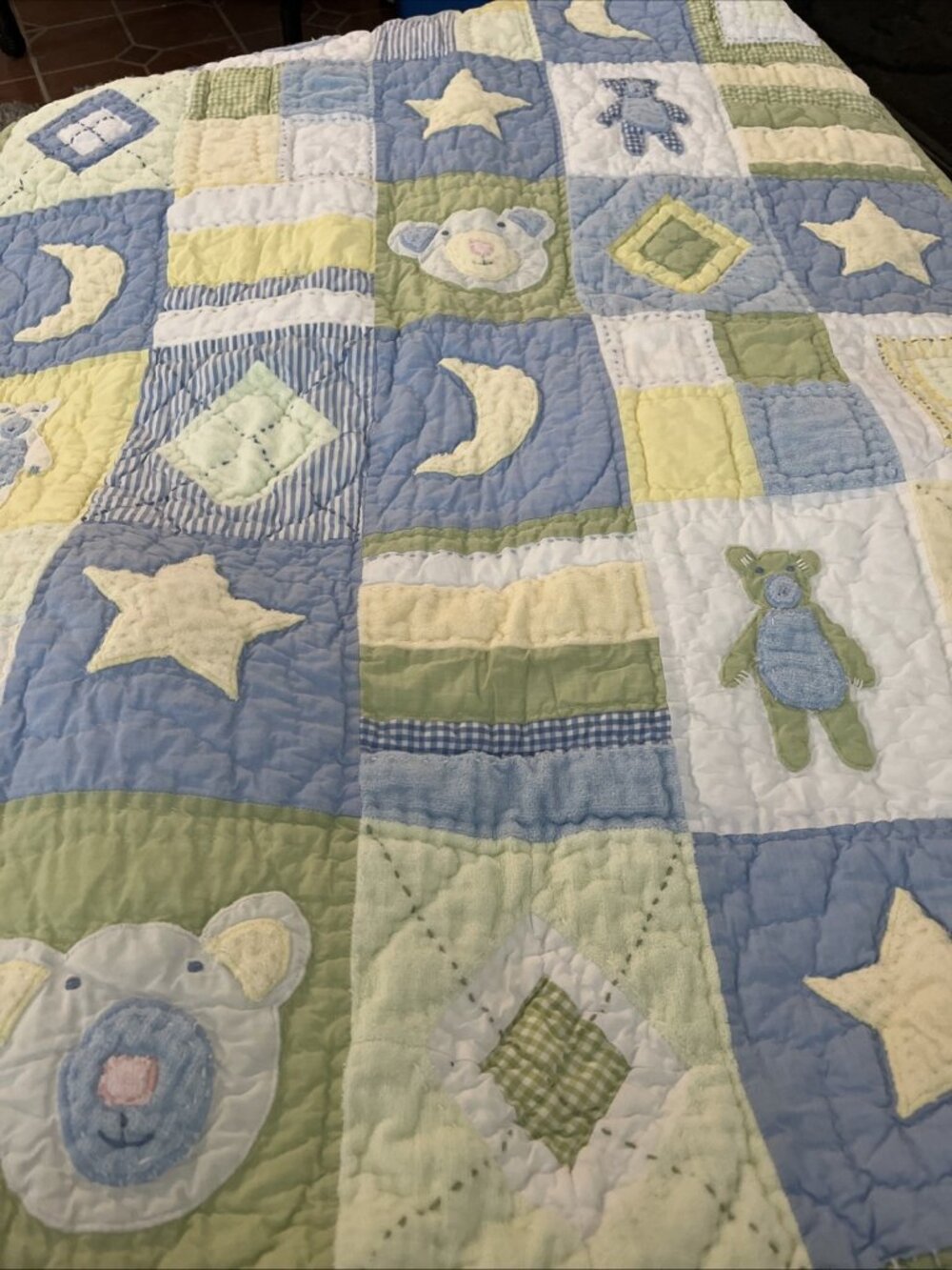 Pottery Barn Kids Bears Moon Stars  Crib Toddler Quilt Patchwork Blue Yellow